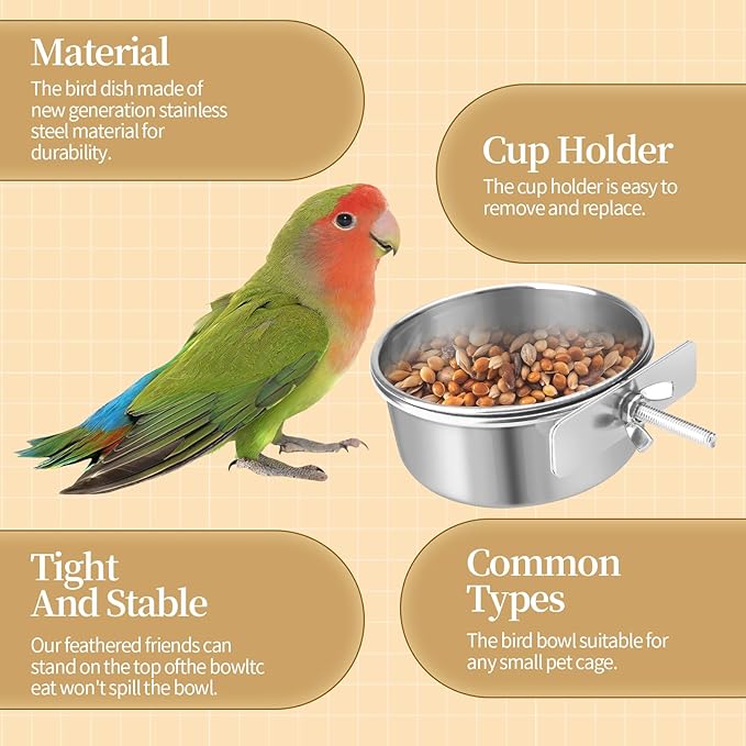 Bird Cage Feeder, Bird Feeder for Cage, 10oz Stainless Steel Food Water Bowl with Clamp, Clip-On Cage Coop Cup for Parrot Hamster Rabbit Rat Small Animals