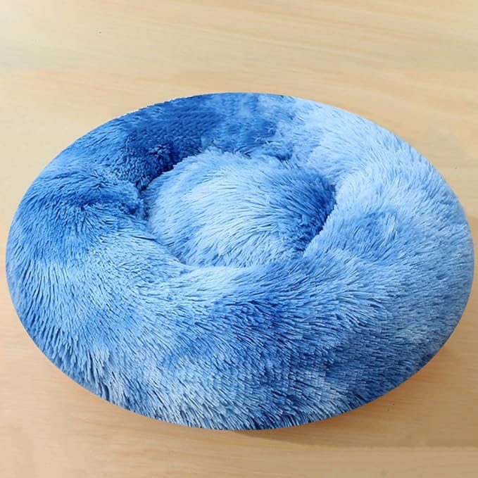 Dog Bed & Cat Bed for Small Medium Dogs, 27 Inch Calming Dogs Bed Anti-Anxiety Machine Washable Fluffy Luxury Anti-Slip Waterproof Pet Puppy Round Bed (Blue White)