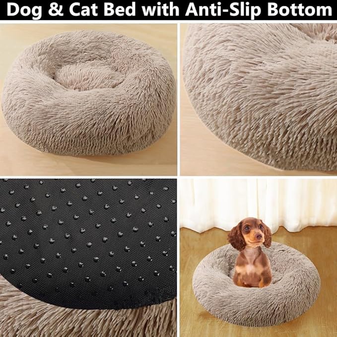 Large Calming Dog Bed, 47 Inch Anti-Anxiety Donut Dog Cuddler Cat Bed, Warming Cozy Soft Dogs Round Bed, Fluffy Faux Fur Machine Washable Pet Cushion for Medium Large Dogs & Cats (Pink)