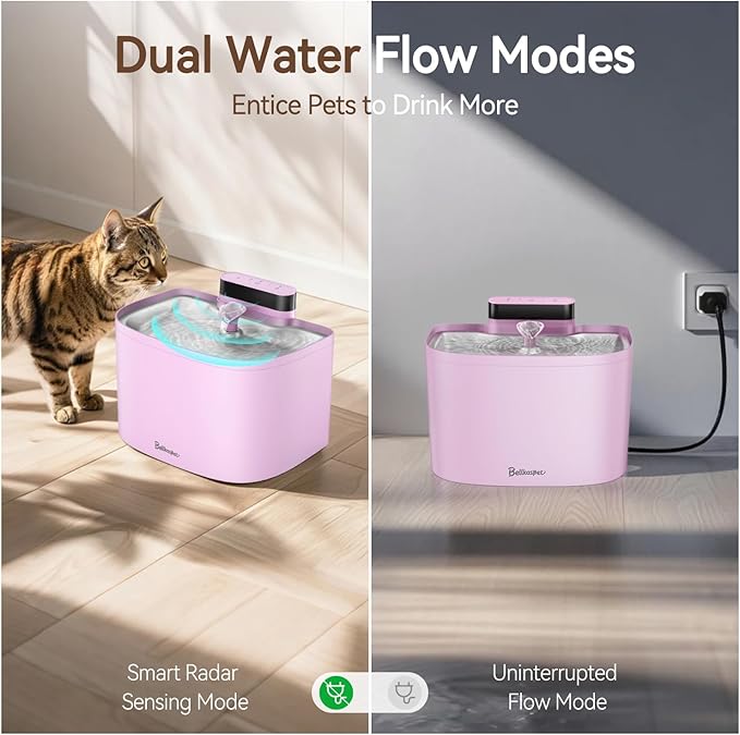 Cat Water Fountain, App Control Wireless Cat Fountain, 122oz/3.6L Pumpless Water Fountains for Cats Indoor with Stainless Steel Tray, Wi-Fi Dog and Pet Water Fountain (Pink, Fountain+8 Fliters)