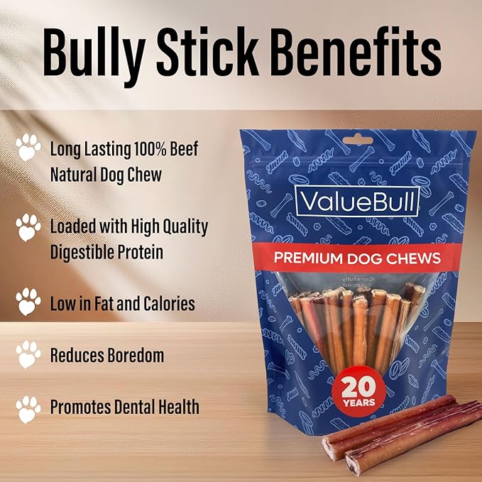 ValueBull Bully Sticks for Large Dogs, Super Jumbo 6 Inch, 50 Count - All Natural, Grass Fed, Single Ingredient, Long Lasting Dog Treats for Aggressive Chewers