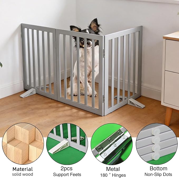 ZJSF Freestanding Indoor Dog Gate for House Foldable Wood Puppy Gate for Doorways Pet Gate for Stairs Extra Wide Pet Fence, Grey, 24" Height 3 Panels