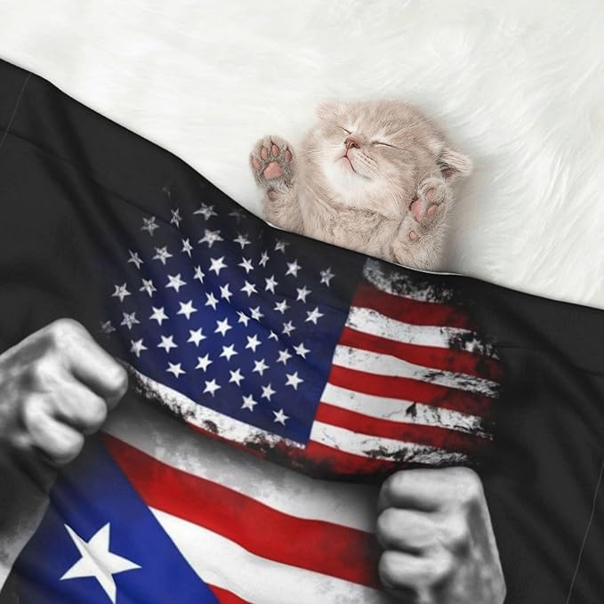 Double Sided Pet Mat for Dog Bed Topper Cat Blanket Furniture Protector, American Puerto Rico Flag Pull Apart Black, Reversible Plush with Tactile Dot Pattern for Style Change