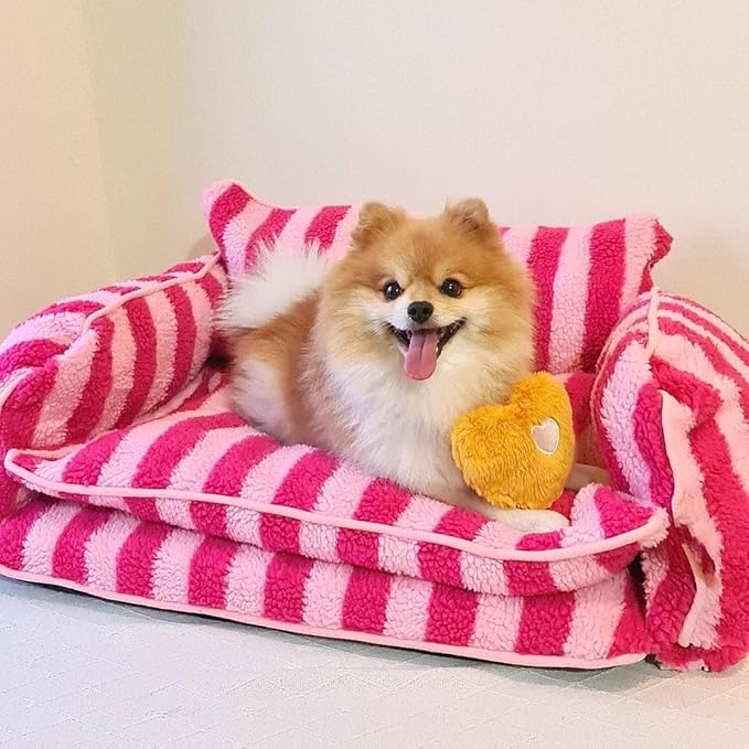 Lazy Holiday Plush Cozy Dog & Cat Sofa Bed, Teddy Velvet Dog Bed, Trendy Striped Faux Lambswool Double Layer Dog & Cat Sofa Bed Dogs Sleeping Mat for Medium Small Dogs & Cats (Pink,L)