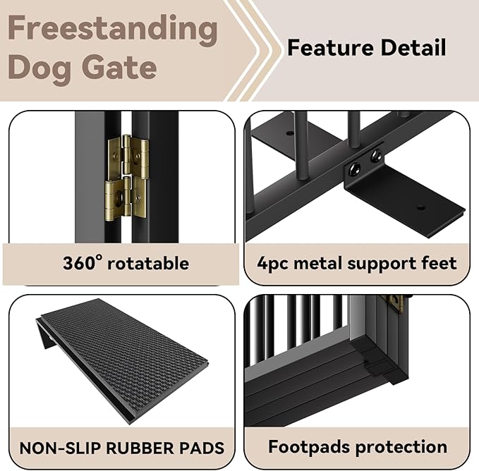 Full Metal Freestanding Dog Gate with Door, 36''Height Foldable Pet Dog Fence for Indoor & Outdoor, 2 Panels Extra Wide Free Standing TallDog Gates for Doorways,House,Stairs,Porch,Deck,Yard