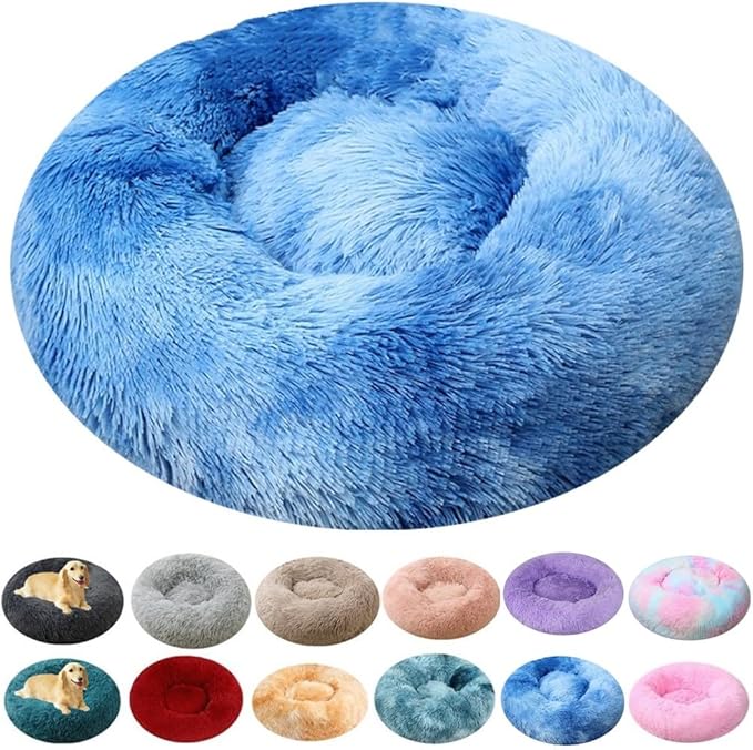 Calming Small Dog Bed & Cat Bed, 16 Inch Donut Fluffy Anti-Anxiety Round Bed Washable Cute Bed, Cuddler Warming Cozy Soft Bed, Plush Cushion Bed for Small Medium Dogs and Cats (Blue White)