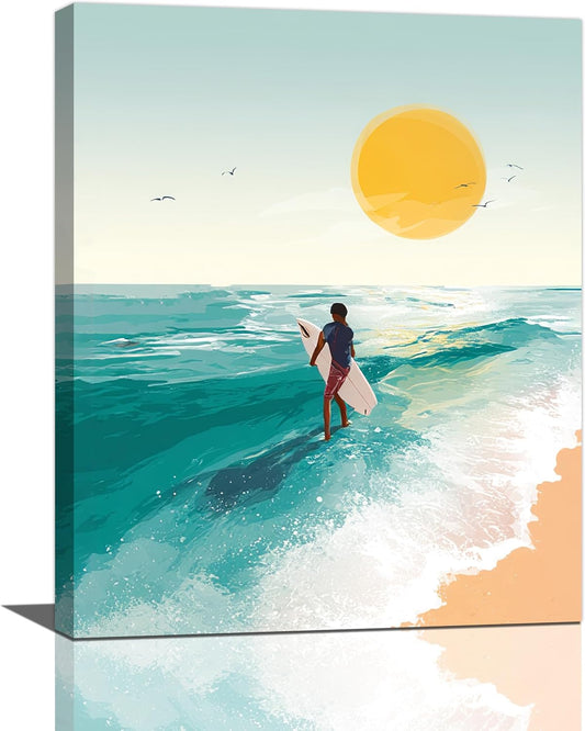 Beach Surfing Wall Art Ocean Coastal Wave Canvas Wall Decor Summer Nature Seascape Pictures Painting Print Framed Artwork Decorations for Bathroom Living Room Office Bedroom 16"x20"