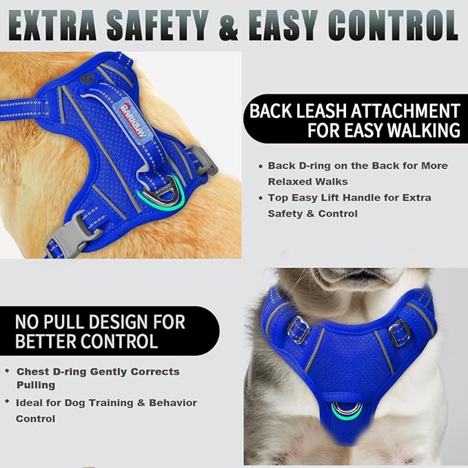 BARKBAY No Pull Dog Harness Large Reflective Dog Harness with Front Clip and Easy Control Handle for Walking Training Running with ID tag Pocket(Sapphire Blue,XS)