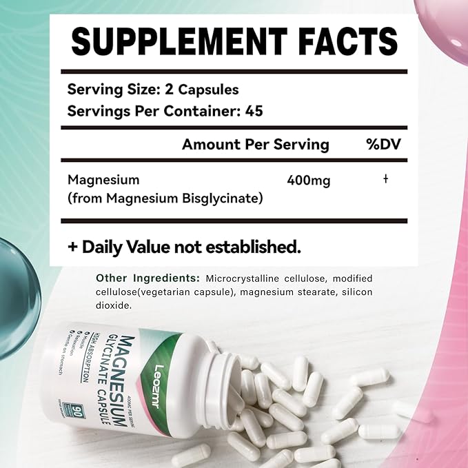 Magnesium Glycinate 400 MG per Serving 100% Chelated for High Absorption, Gentle On Stomach, Non-GMO, 90 Vegetarian Capsules
