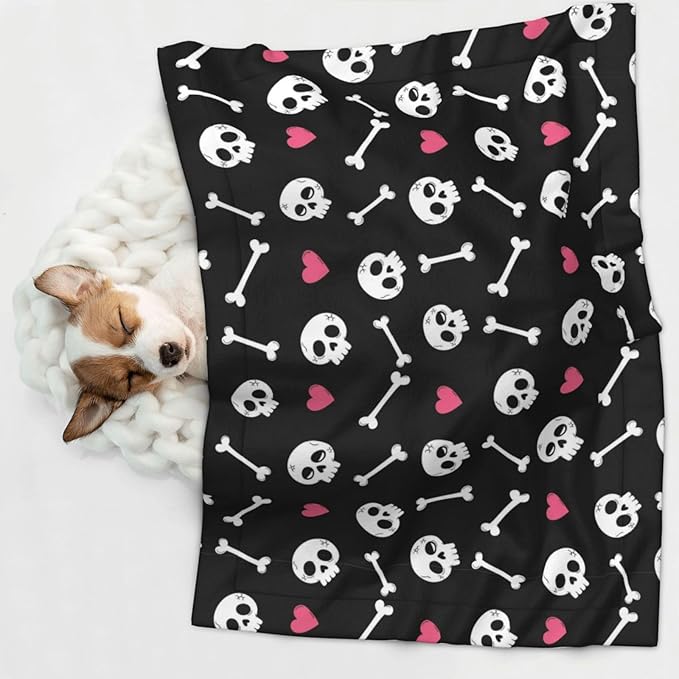 Dog and Cat Blanket in One, Cartoon Skulls with Hearts On Black, Double Sided Plush Throw with Raised Dot Pattern on One Side and Flat Velvet on Other for Variety