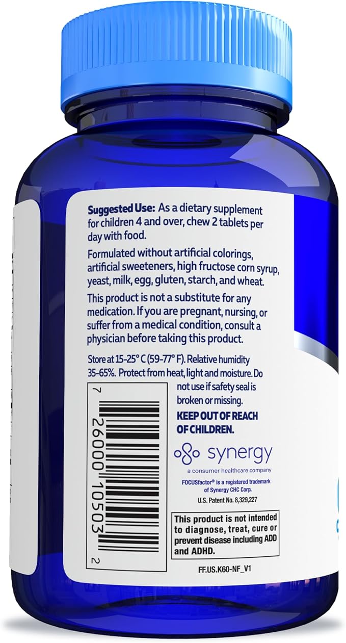 Focus Factor Kids Complete Daily Chewable Vitamins: Multivitamin & Neuro Nutrient (Brain Function) w/Vitamin B12, C, D3-60 Count