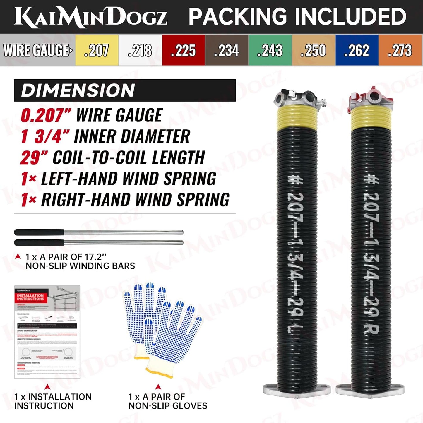 Pair of 1.75" Garage Door Torsion Springs Set with Non-Slip Winding Bars&Gloves, High Precision Electrophoresis Oil-Free Black Coated for Replacement, MIN 16,000 Cycles (0.207 x 1.75"x 29")