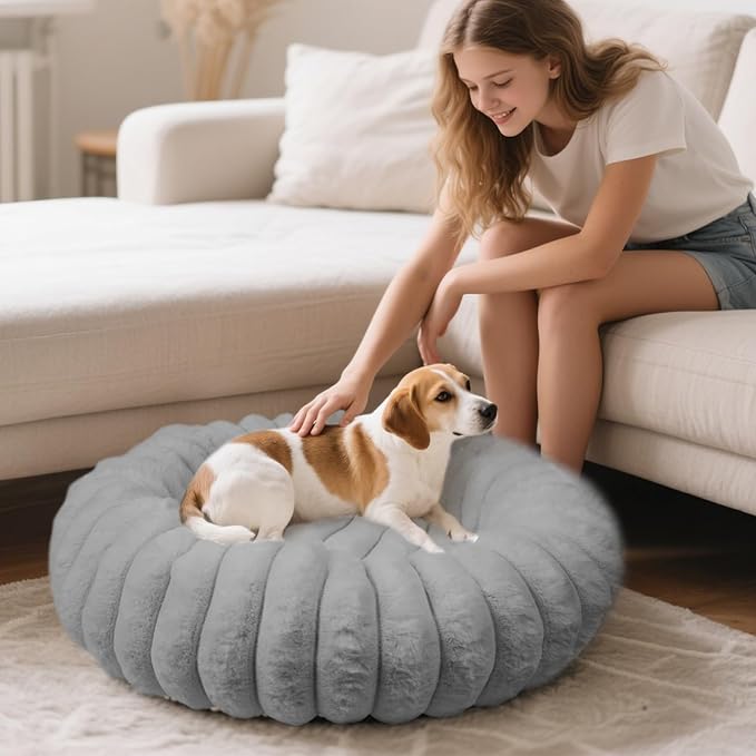 Donut Dog and Cat Bed, Luxurious Comfortable Faux Rabbit Fur Pet Beds, Round Anti-Anxiety Calming Puppy Kitten Bed with Anti-Slip Bottom for Small Medium Dogs & Cats(28", Grey)