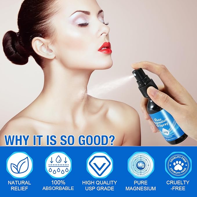 Pure Magnesium Oil Spray, Natural Organic Magnesium Oil, Easy to Use, Easy Quick to Absorb with Topical Glass Bottle(2PCS 60ML)