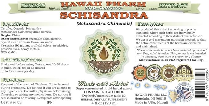 Schisandra Alcohol-Free Liquid Extract, Organic Schisandra (Schisandra Chinensis) Dried Berry Glycerite Natural Herbal Supplement, Hawaii Pharm, USA 2 fl.oz