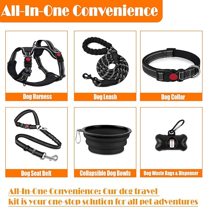 No Pull Dog Harness, Collar & Leash Set | Includes Dog Seat Belt, Collapsible Bowls & Poop Bag Dispenser. Ideal for Training, Walking, Hiking. Fits Small to Large Dogs(Black-XL)