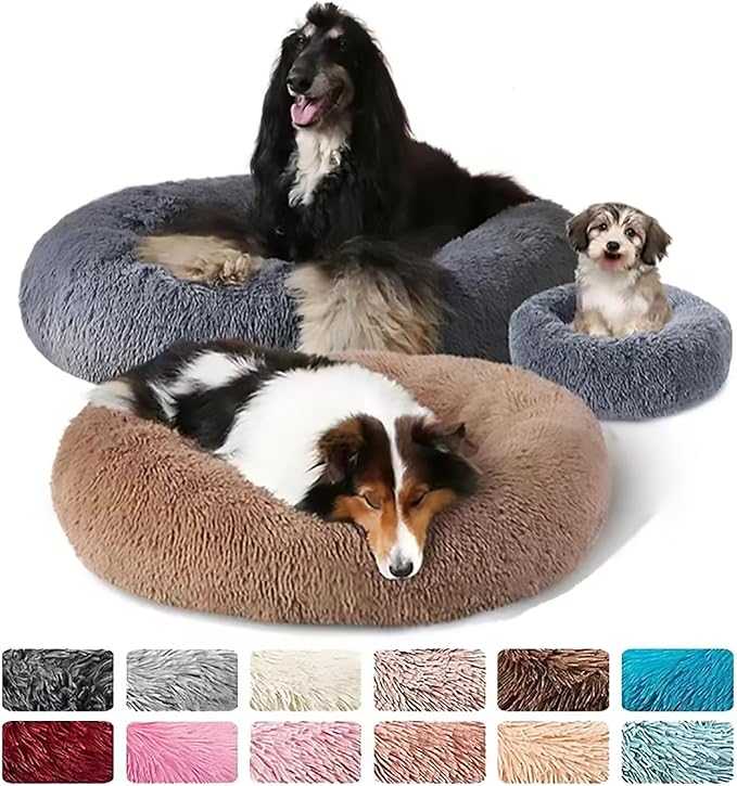 Calming Dog Bed for Small Dogs, Calming Donut Cuddler Pet Bed Anti Anxiety Round Dog Bed Fluffy Plush Faux Fur Cat Bed,Grey+White,19.7IN