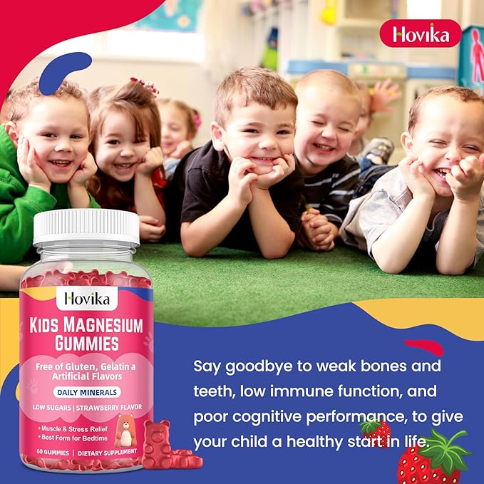 Magnesium Gummies for Kids - Magnesium Citrate + Vitamin B6 & D3 - Great Tasting Kids Magnesium Calm Gummies for Nerve Bone and Muscle Health for Kids Wellness, Vegan Strawberry Flavor 60 Count