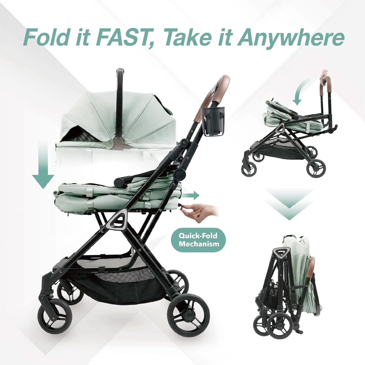 ibiyaya Tinker Pet Stroller for Small Dogs and Cats – 3-in-1 Pet Carrier, Dual-Opening Canopy, No-Flat Wheels, Vegan Leather Handle, Large Storage Basket (Sage Green)