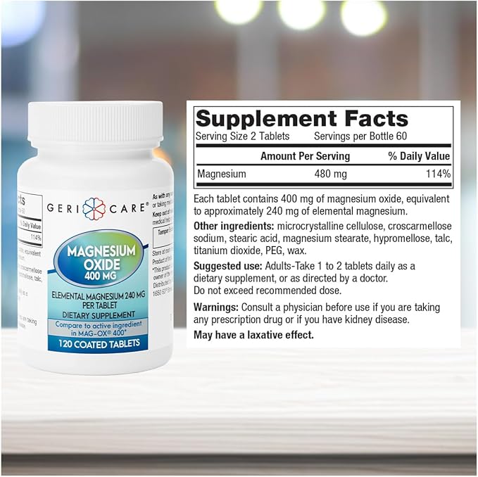 GeriCare Magnesium Oxide Supplement 240 mg - Elemental Magnesium, 120 Coated Tablets – Essential Mineral Support - Promotes Vascular Health, Bone Strength, and Muscle Function (Pack of 1)