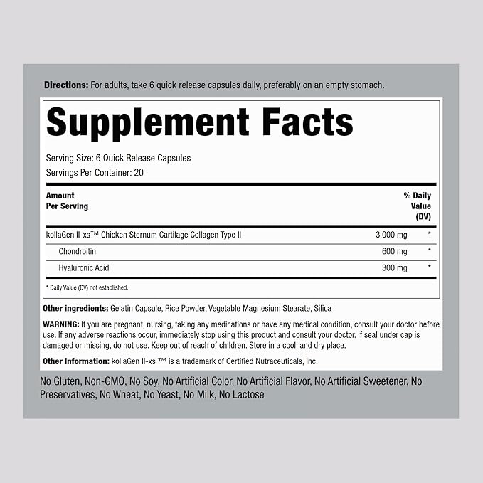Piping Rock Chicken Sternum Type II Collagen Supplement | 3000mg | 120 Capsules | with Hyaluronic Acid | Non-GMO, Gluten Free