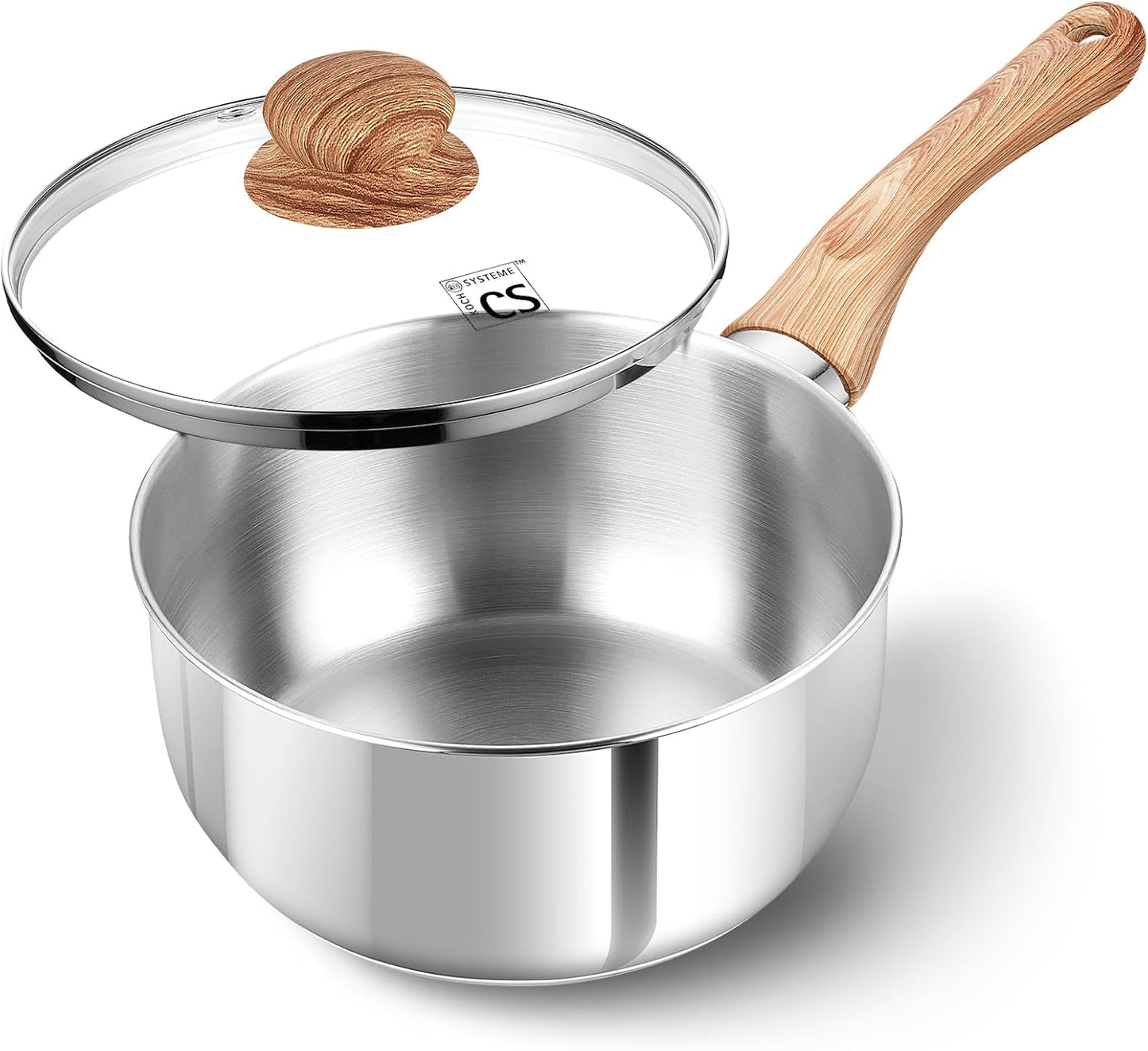 KOCH SYSTEME CS Stainless Steel Saucepan, 2 Quart Saucepan with Lid & Heat-resistant Bakelite Handle, Tri-ply Bottom Steel Sauce Pan with Lid, Induction Ready, Stainless Steel Pot 2QT