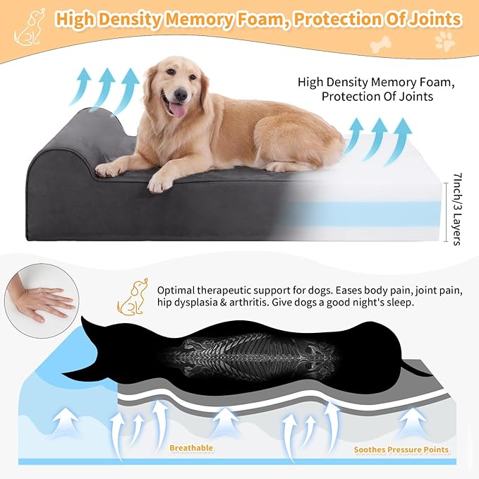 Orthopedic Dog Beds for Large Dogs, 7" Memory Foam Dog Beds with Waterproof Liner, Chew Proof Microsuede Cover, Removable and Washable, Nonskid Bottom, 52"x36" XL Grey
