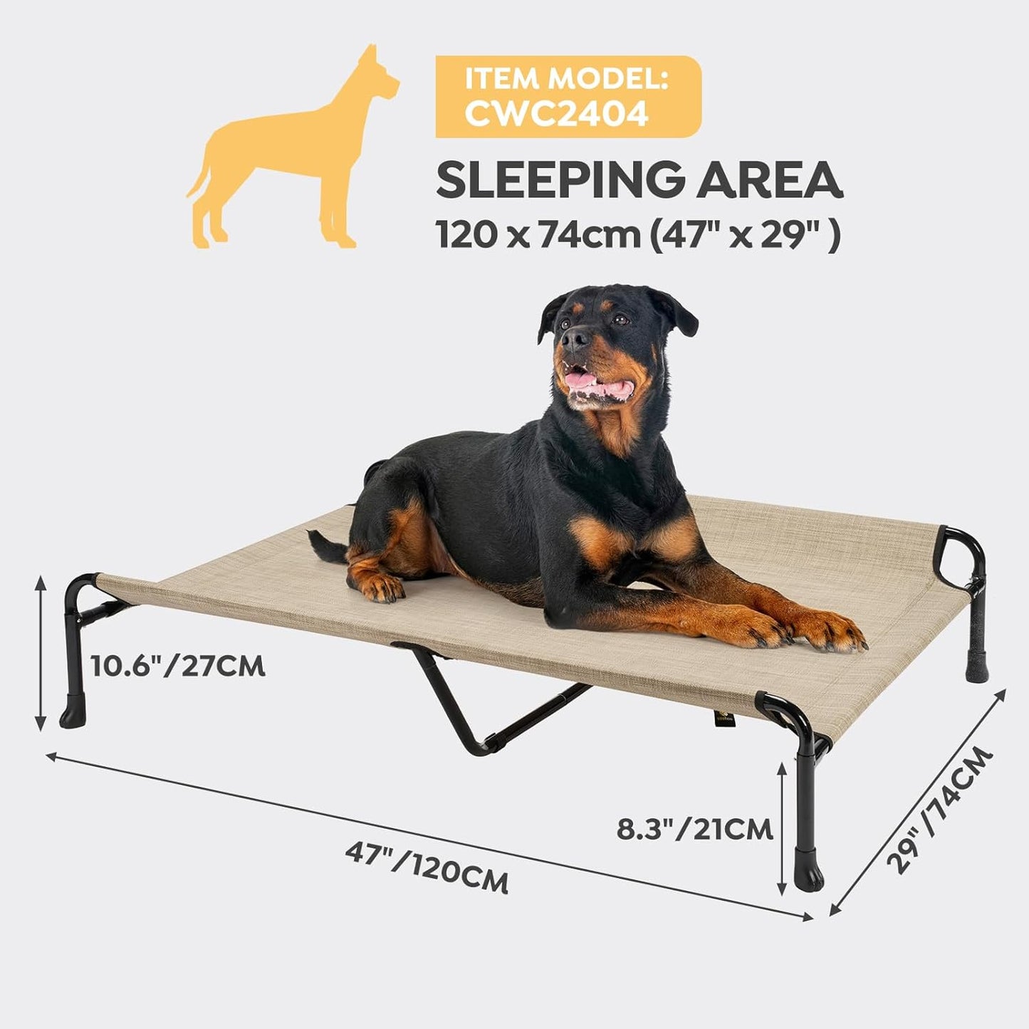 Veehoo Cooling Elevated Dog Bed - Raised for Large Dogs, Outdoor With Guardrail, Upgraded Non-Slip Feet, Breathable Teslin Mesh, Portable Camping Cot, 47 x 29 Inches, Beige Coffee