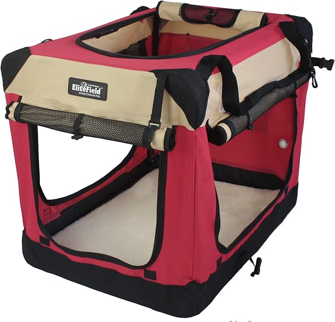 EliteField 4-Door Folding Soft Dog Crate with Curtains, Carrying Bag and Fleece Bed (2 Year Warranty), Indoor & Outdoor Pet Home (24" L x 18" W x 21" H, Red+Beige)