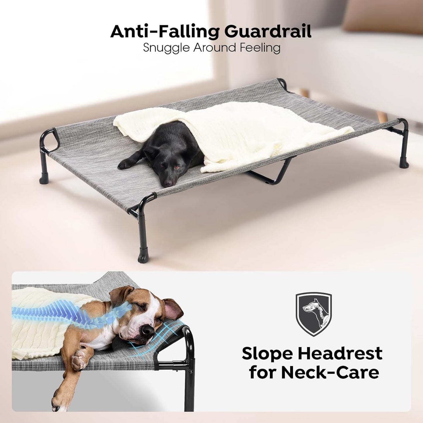 Veehoo Cooling Elevated Dog Bed, Raised Dog Beds for Large Dogs, Outdoor Dog Bed with Guardrail, Upgraded Non-Slip Feet, Breathable Teslin Mesh, Portable Camping Dog Cot, 47 x 29 Inches, Black Silver