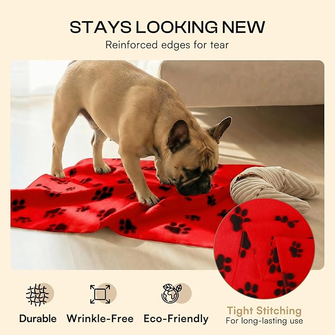 LINENLUX Cute Dog Blanket for Small Medium Dogs 6-Pack Soft Stretchy Fleece Blankets for Pet Cat Puppy Warm Wrinkle-Resistant Throw for Couch Bed Outdoor Red 45x31 inch (Pack of 6)