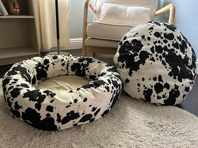 Organic Cotton Canvas Dog Bed: Removable Cover, Natural Fill - Made in USA (Cow Print Black White, Large 35" x 8" inches)