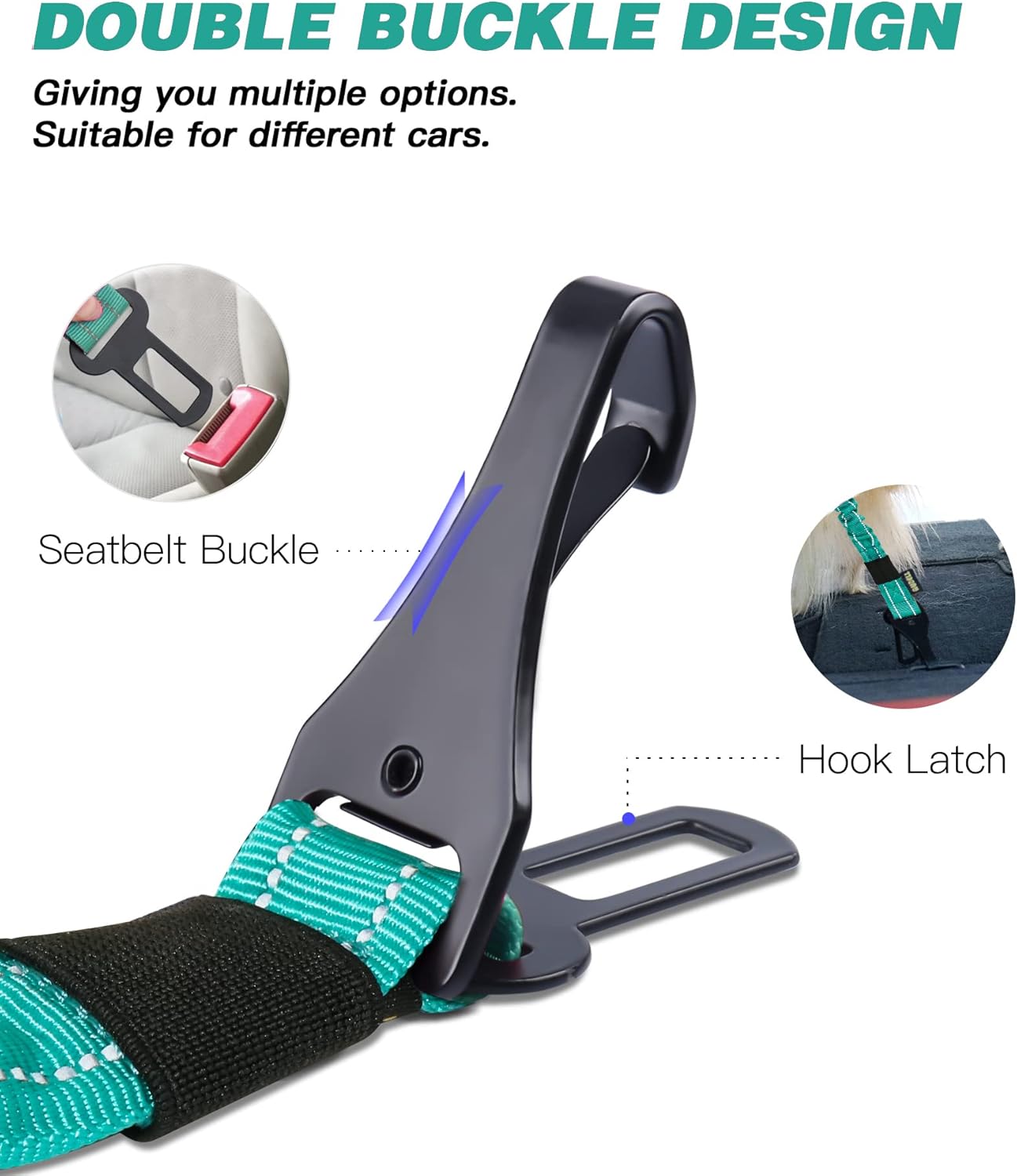 AUBELL Dog Seat Belt for Car,2 Pack Set 3-in-1 Adjustable Reflective Bungee Heavy Duty Dog Car Harness Tether with Clip Hook Latch & Buckle,Swivel Zinc Alloy Carabiner,Black+Teal