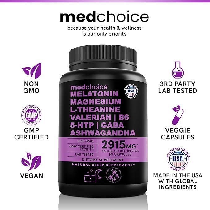 12-in-1 Melatonin Sleep Capsules - Natural Sleep Aids for Adults with Melatonin 5mg and Magnesium Glycinate 500mg, Sleep Aid with Ashwagandha, L Theanine, Valerian Root, GABA, 5-HTP (90ct, Pack of 2)
