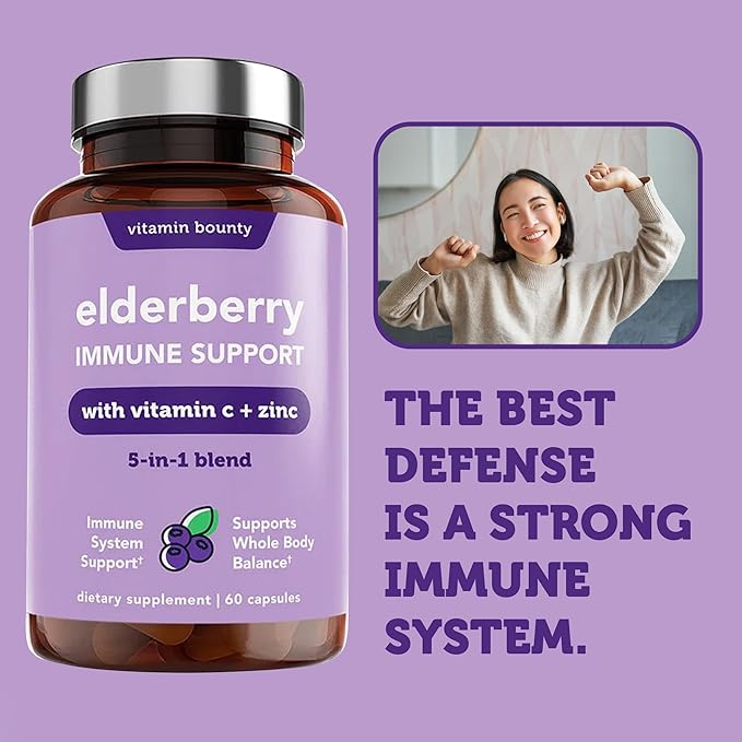 Vitamin Bounty Elderberry Organic Elderberry Capsules for Adults - Elderberry Vitamin C and Zinc Supplement, & Echinacea, Immune System Support, Advanced 5-in-1 Blend, Non-GMO - 60 Capsules