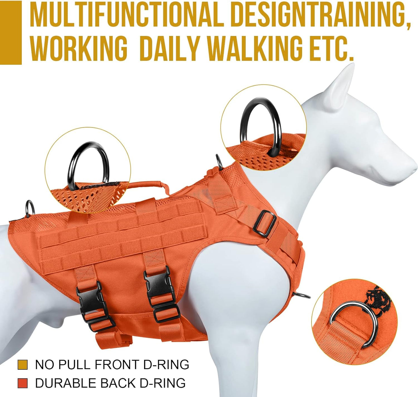 OneTigris - Tactical Dog Harness No Pull for Medium Dogs, Breathable Mesh Design, Service Dog Vest with Handle and Molle Bags, Adjustable Suit for Walking Hiking