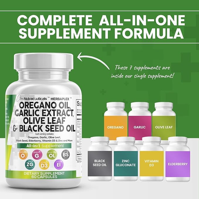 Clean Nutraceuticals Oregano Oil Garlic Extract Olive Leaf Black Seed Oil - Immune Support & Digestive Health Supplement for Women and Men with Vitamin D3 & Zinc - 3Pack