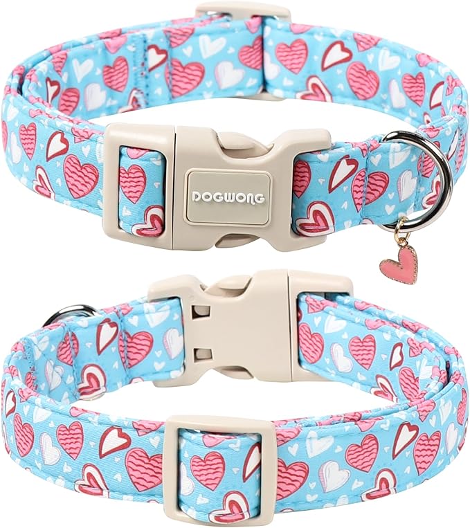 DOGWONG Blue Heart Dog Collar, Cute Valentine Collar, Valentine's Day Dog Collar with Strong Plastic Buckle for Small Medium Large Dogs,M