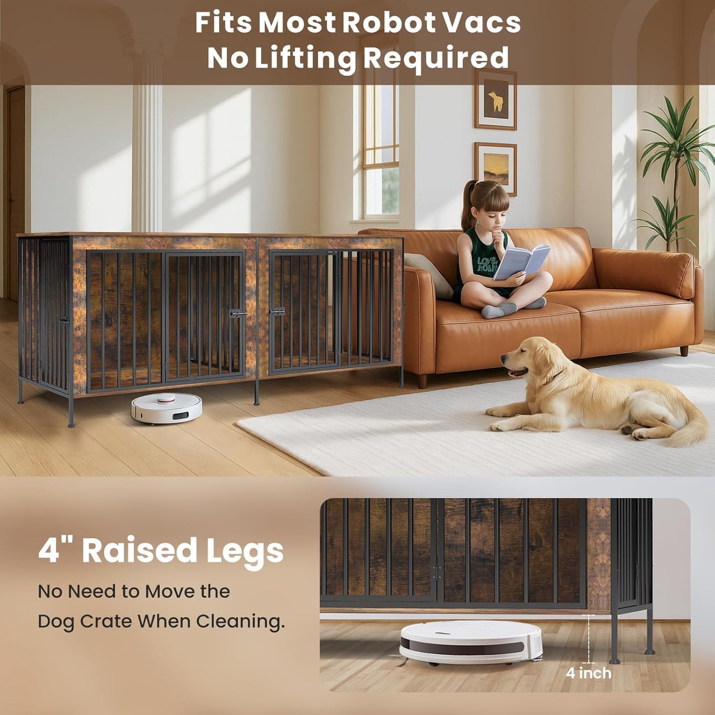 Dog Crate Furniture 78" for 2 Dogs Sturdy Heavy Duty Dog Kennel Solid Metal Tube Thick Wooden with 3 Lockable Doors XXL Double Dog Cage Large Breed as End Table for Large Dogs Rustic Brown