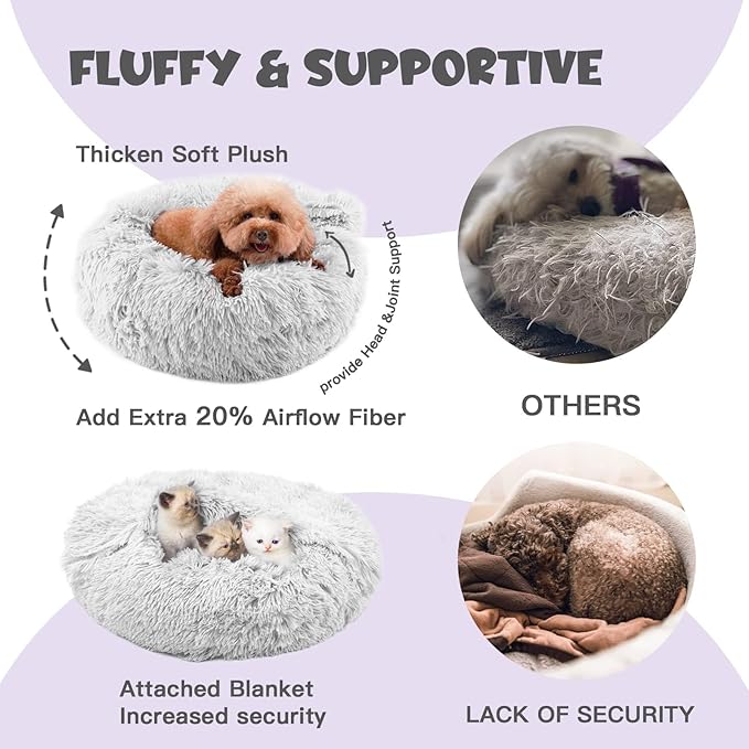 Himax Dog Beds for Small Dogs, Donut Dogs Bed with Blanket Attached, Calming Dog Bed Washable (20"/26"/35") Light Grey for Puppy