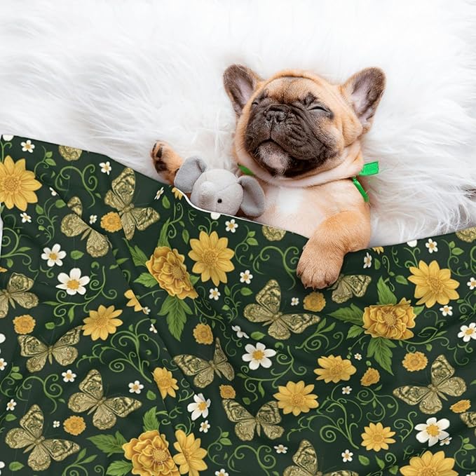 Two Sided Pet Cuddler Blanket for Anxiety Calming, Gold Flowers with Butterfly, Reversible Plush Design with Bubble Dot Pattern Provides Familiar Surface Anywhere