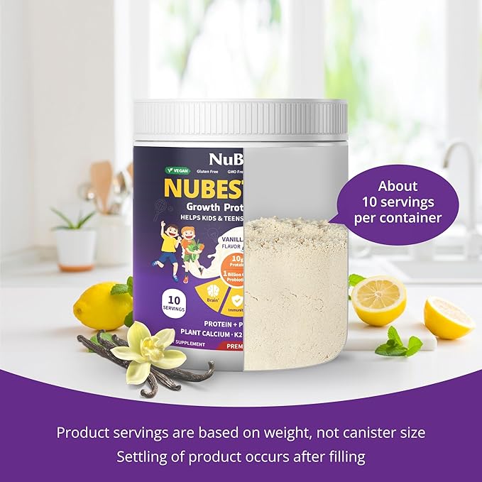 NuBest Tall Protein Powder for Kids & Teens - Vegan Vanilla Protein Powder Shake with Organic Red Algae Calcium, Probiotics, Omega 3-6-9, Vitamin D3 + K2 & Magnesium from Marine Algae - Pack 2