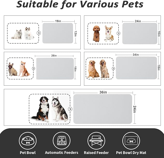 Dog Food Mat - Absorbent Cat Mat for Food and Water, No Stains Pet Feeding Bowl Mat, Easy to Clean Pet Placemats, Quick Dry Dog Water Dispenser Mat for Messy Drinkers | Light Grey 12"x 19"