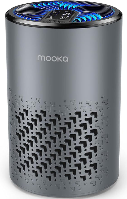 Air Purifiers for Bedroom Home, MOOKA HEPA Air Purifier for Home Pets with Fragrance Sponge for Smoke Dust Pollen Dander Odor, Small Air Purifier with Sleep Mode Night Light Timer, KJ067L, Grey