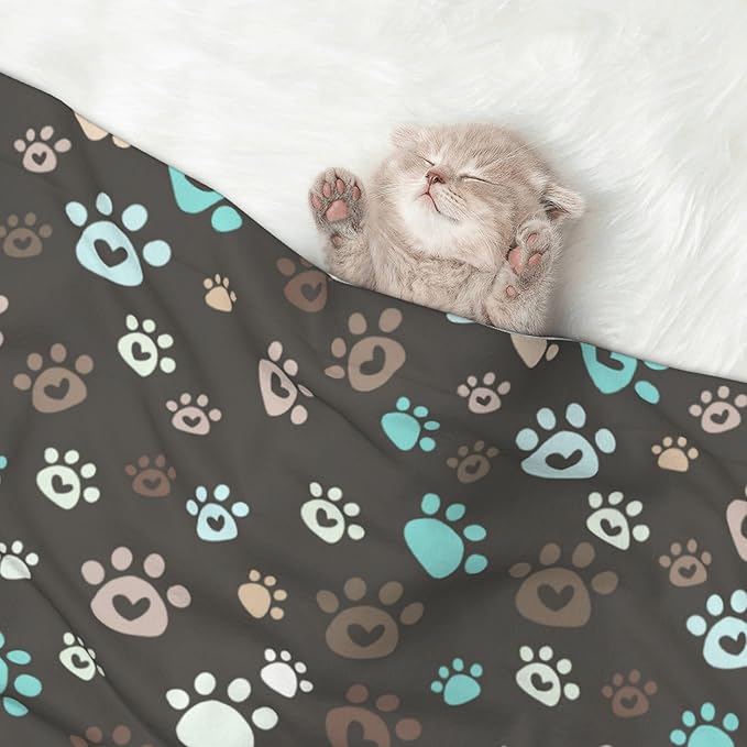 Paw Blanket for Dog Cat - Love Heart Paws Throw Blanket 40x30 Brown Pet Blanket for Couch Sofa Bed