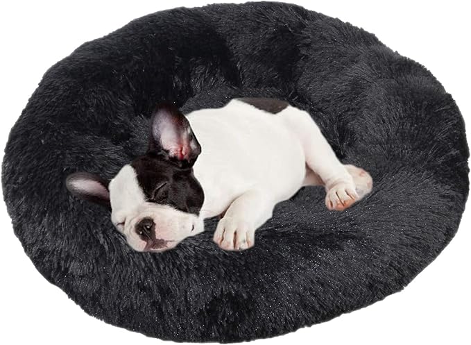 huraty Pet Dog Bed Plush Calming Bed, Fluffy Donut Round Pet Beds for Small Medium Large Dogs Cats, Anti-Slip & Anti-Anxiety, 28 Inch for Puppy and Kitties, Black, L