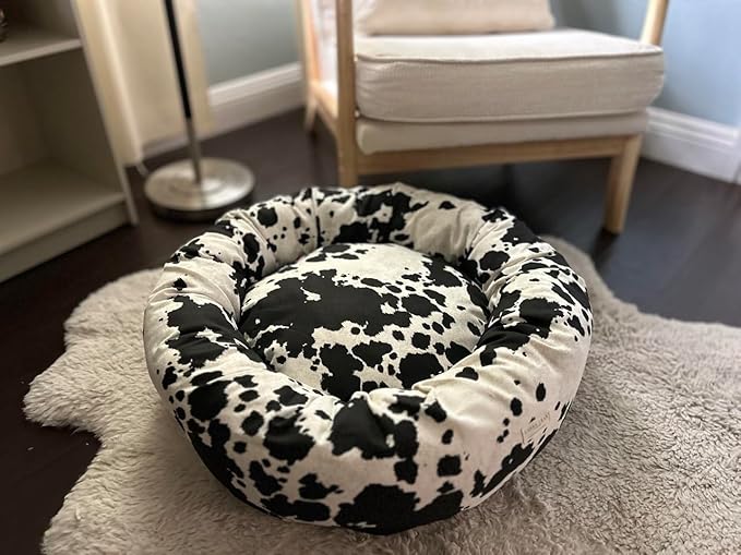 Organic Cotton Canvas Dog Bed: Removable Cover, Natural Fill - Made in USA (Cow Print Black White, Large 35" x 8" inches)