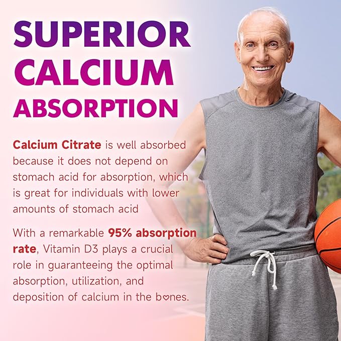 Calcium Citrate Gummies 1000mg w/Vitamin D3, High Absorption Calcium Supplement for Women & Men, Plus Magnesium, Potassium, Zinc for Muscle & Immune, Sugar-Free, Raspberry Flavor, 60 Count