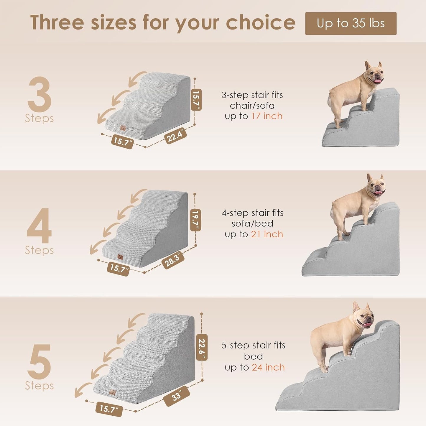 EHEYCIGA Curved Dog Stairs Ramp for High Beds 22.6" H, 5-Step Dog Steps for Small Dogs and Cats, Pet Stairs for High Bed Climbing, Non-Slip Balanced Pet Step Indoor, Light Grey