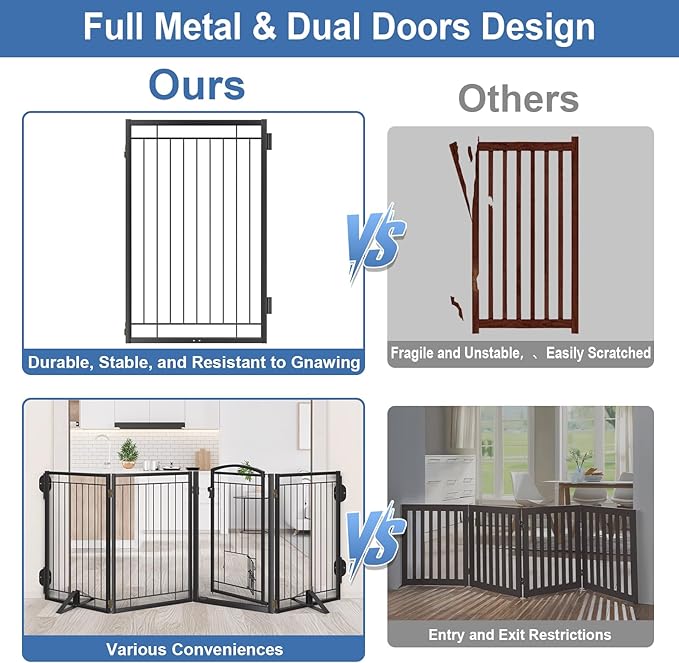 Metal Free Standing Dog Gate with Cat Door for Indoor/Outdoor,120" Extra Wide Foldable Pet Gate,32" Tall Foldable Indoor Dog Fence for Large Openings Stairs,Deck,Yard,Doorways(6 Panels,Black)